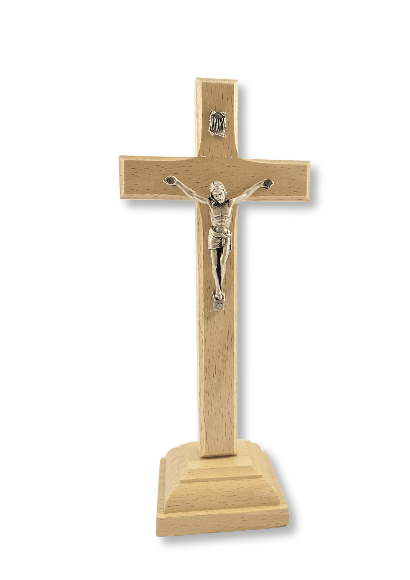 Kříž světlý se stříbrným Kristem na čtvercovém podstavci 9 x 20 cm