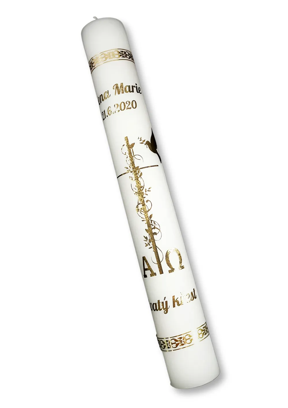 Křestní svíčka s VLASTNÍM JMÉNEM křížkem, holubičkou a nápisem Svatý křest