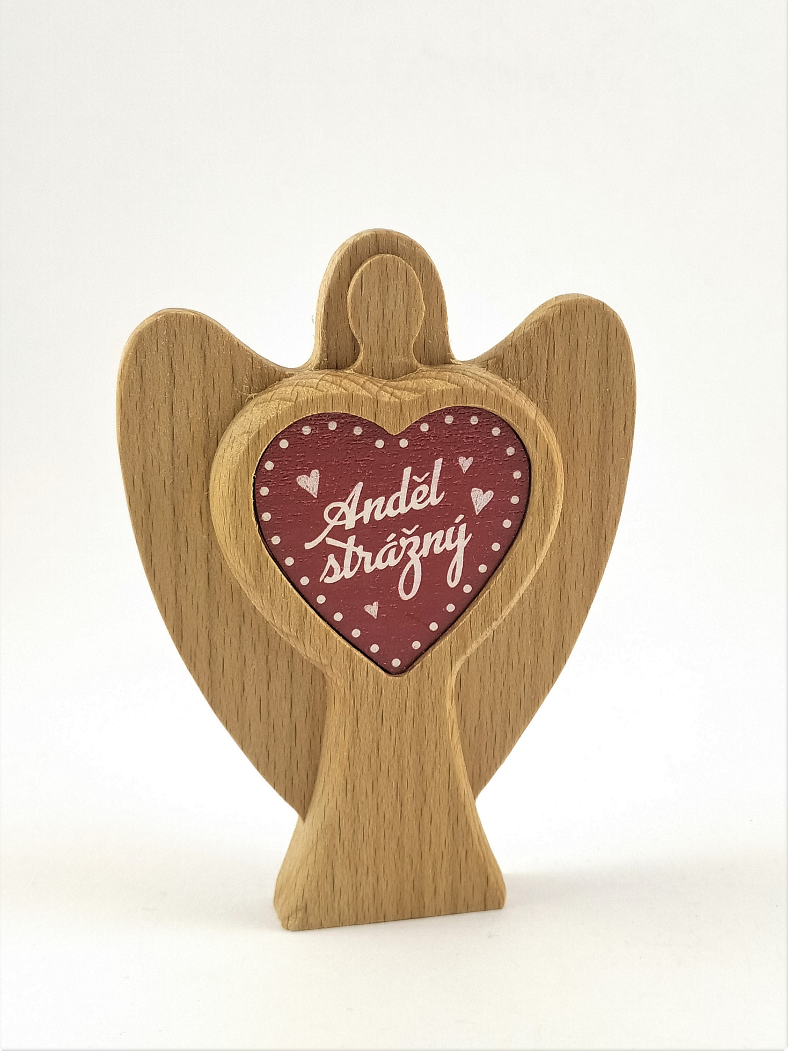 Dřevěný anděl strážný srdce červené  8 x 11 cm