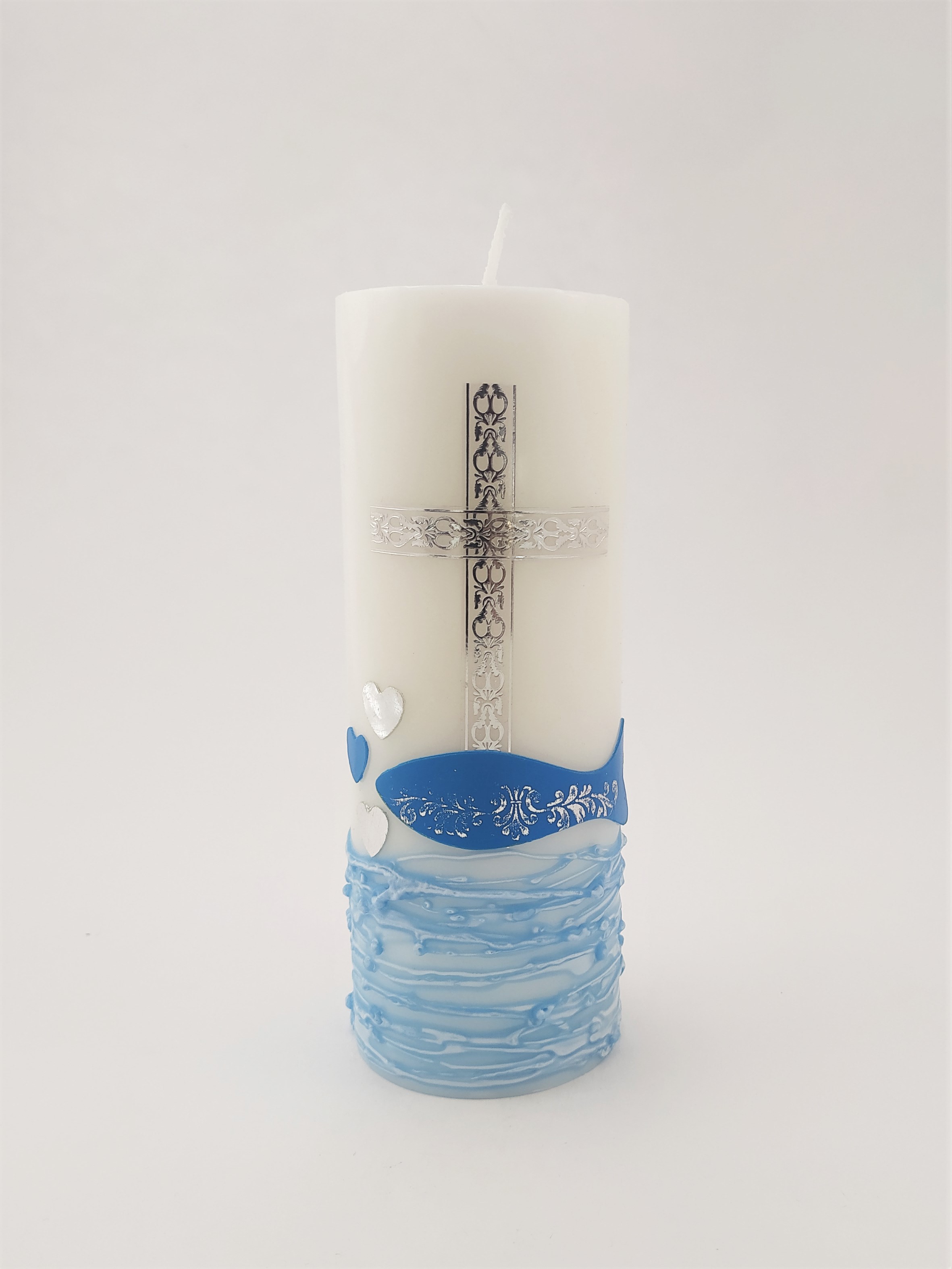 Svíčka s křížem a rybou - stříbrný ornament