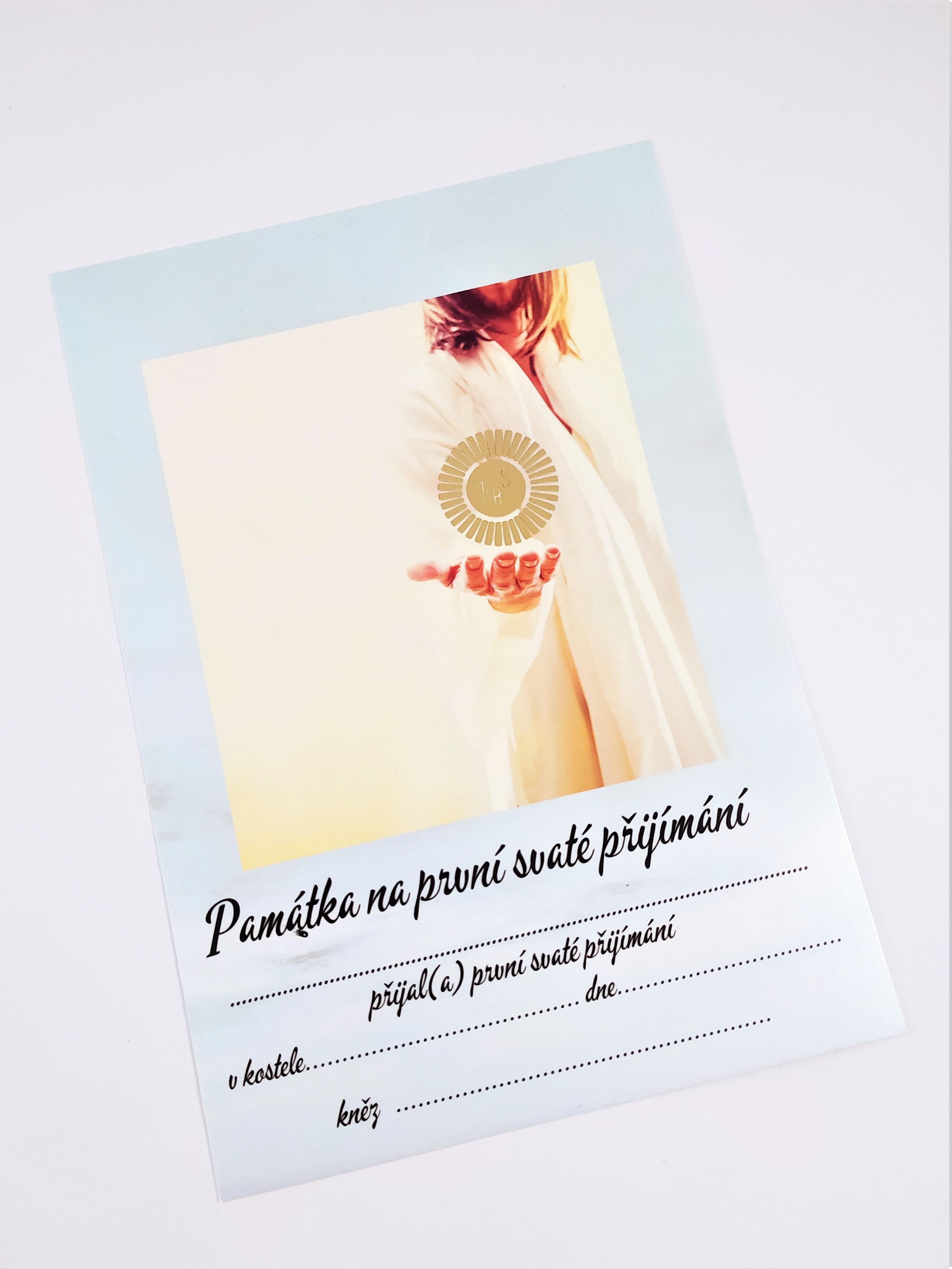 Památka/pamětní list na první svaté přijímání - Dlaň, ruční zlatá ražba
