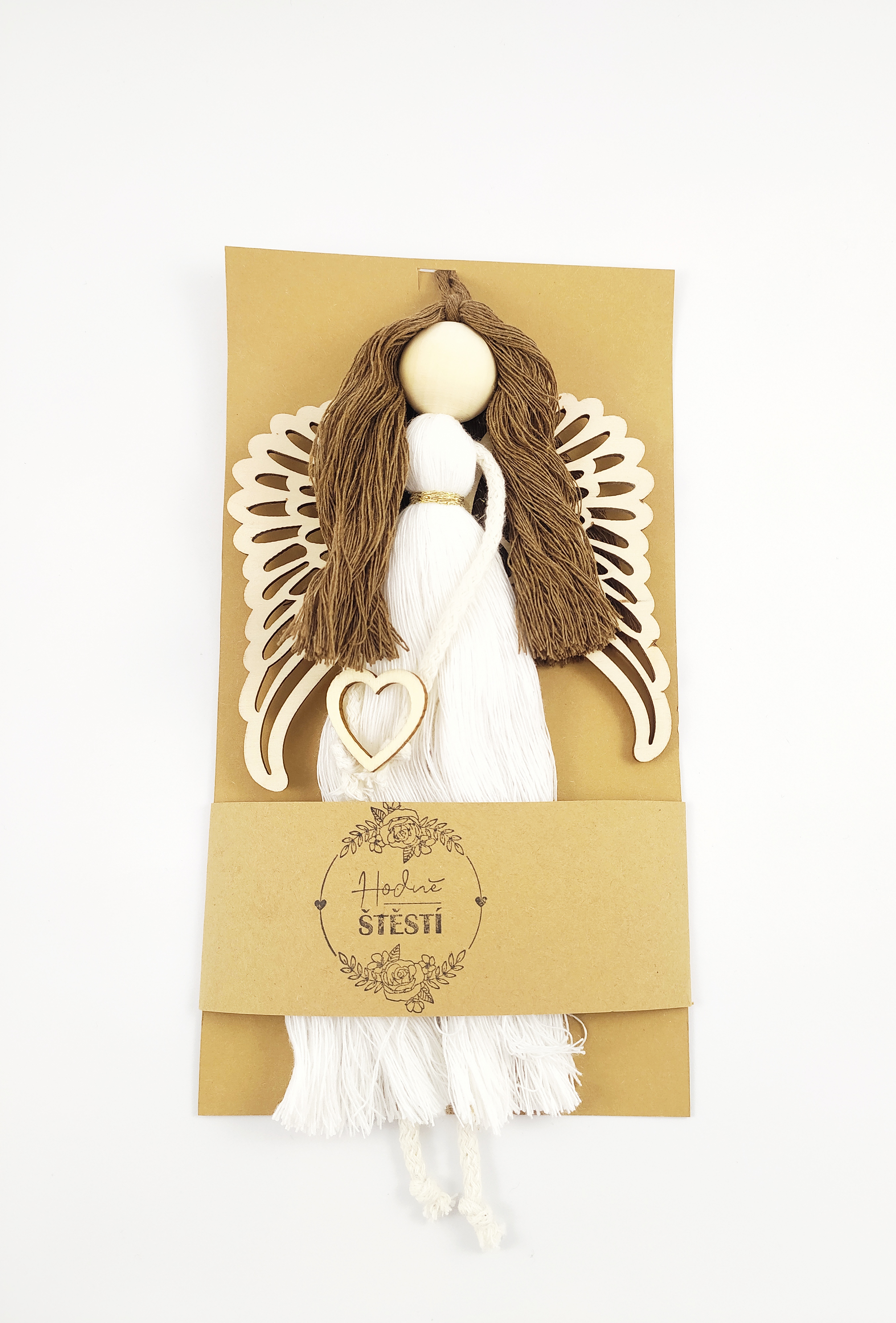 Macramé anděl strážný bílý s tmavými  vlasy 10 x 20 cm