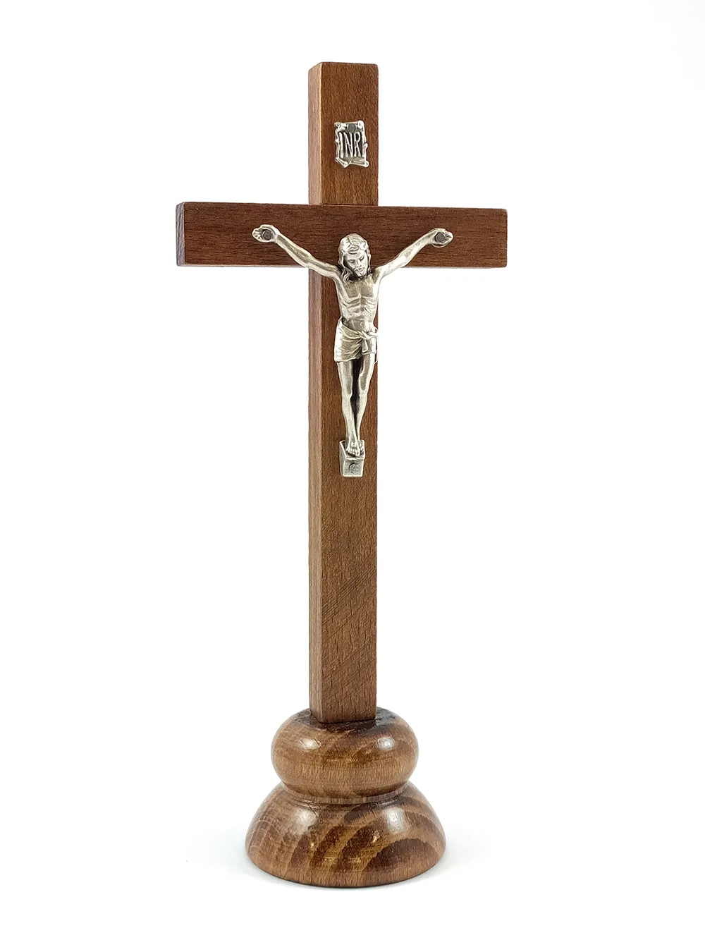 Kříž tmavý se stříbrným Kristem na kulatém podstavci 8 x 19,5 cm