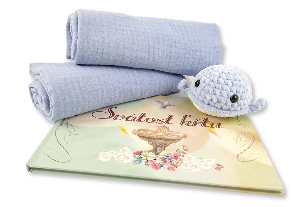 Dárek ke křtu pro miminko modr. - mušelínové dečky, háčkovaná velryba,památníček