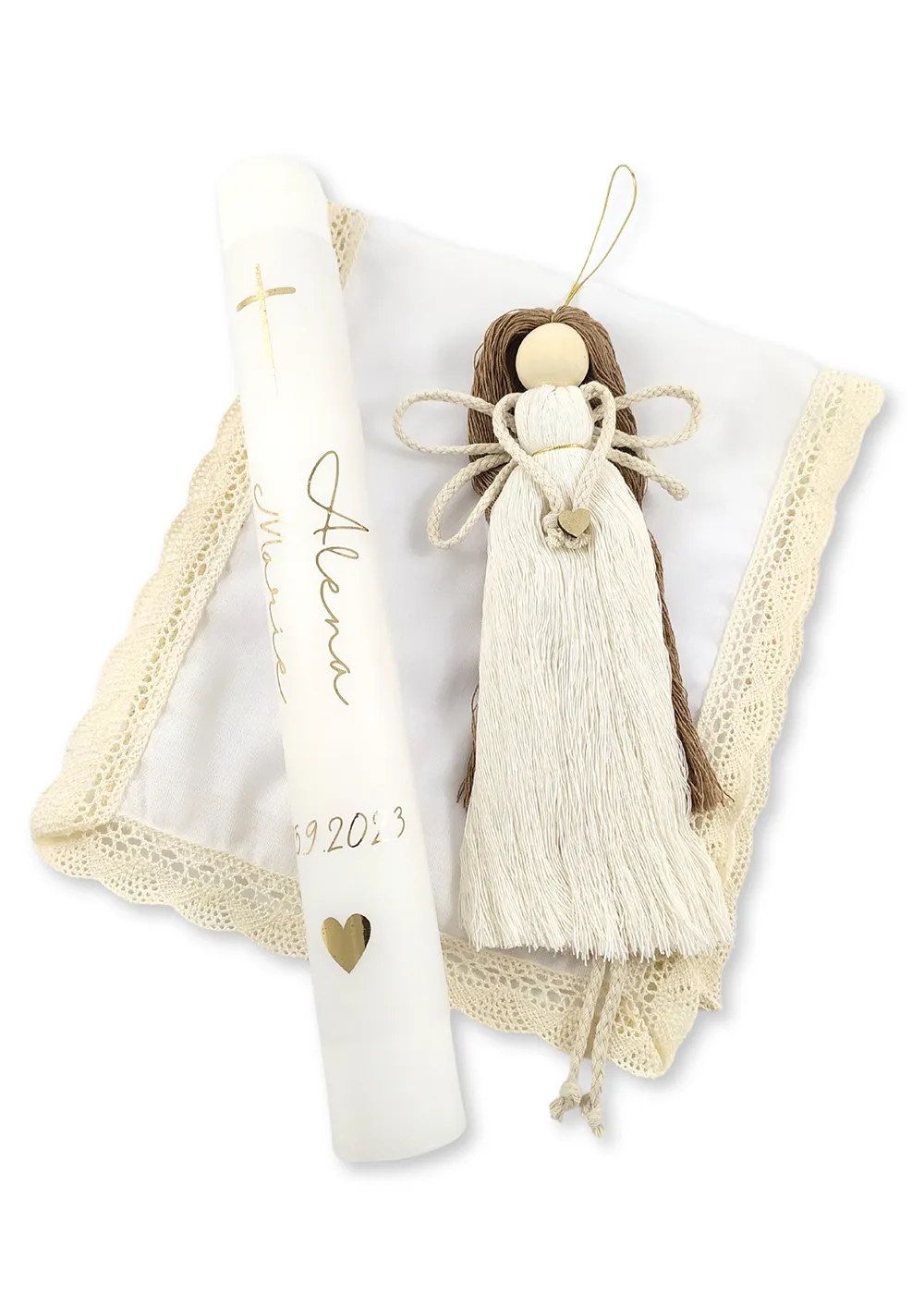 Křestní sada béžová s andělem a svíčkou s vlastním jménem