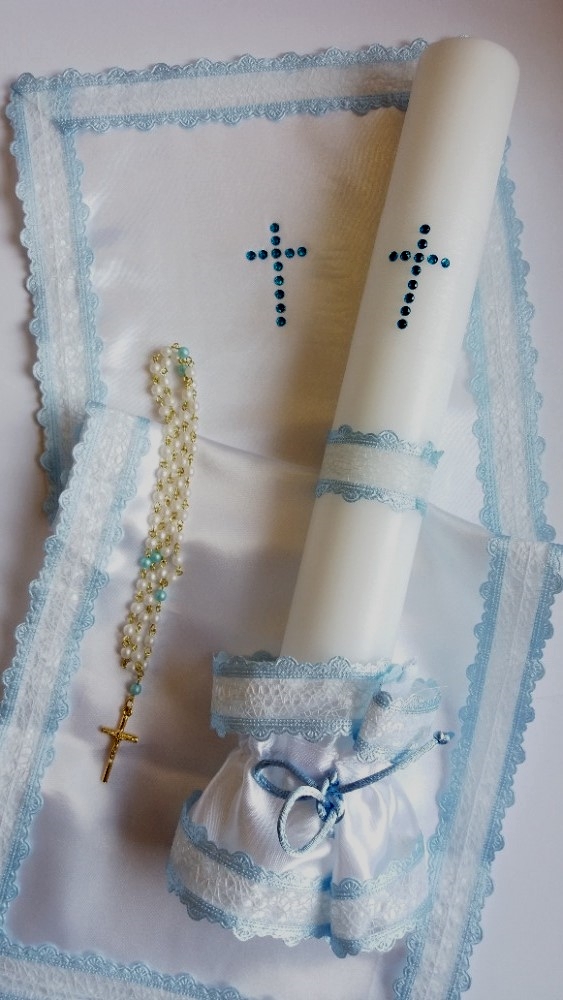 Křestní sada Ignác s kamínkovým křížem a pavučinkovou krajkou - modrá