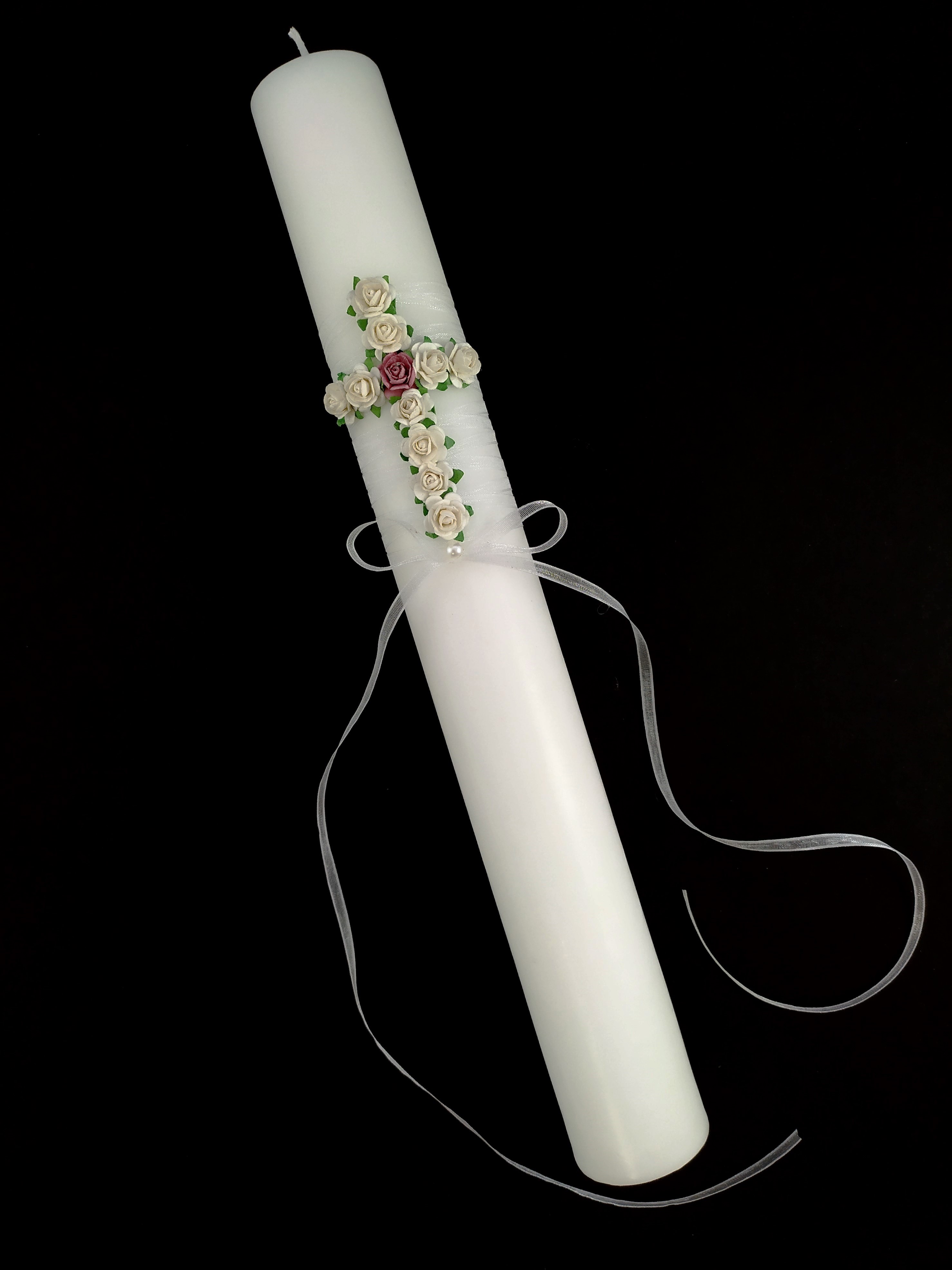 Křestní svíčka s šifónovou stuhou a bílorůžovými kytičkami