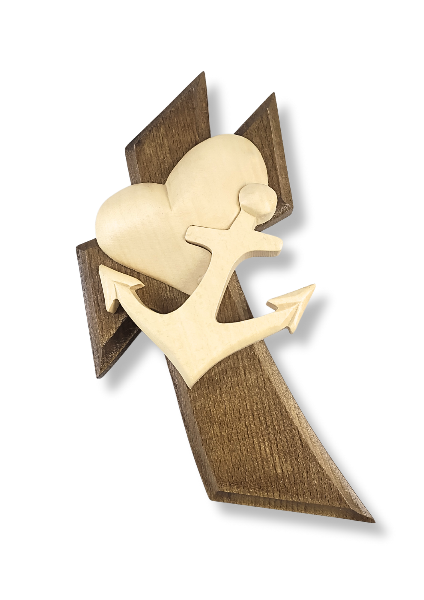 Dřevěný kříž "šikmý" se symboly křesťanstvi na zavěšení - kotva, světlé srdce - 21 x 18 cm