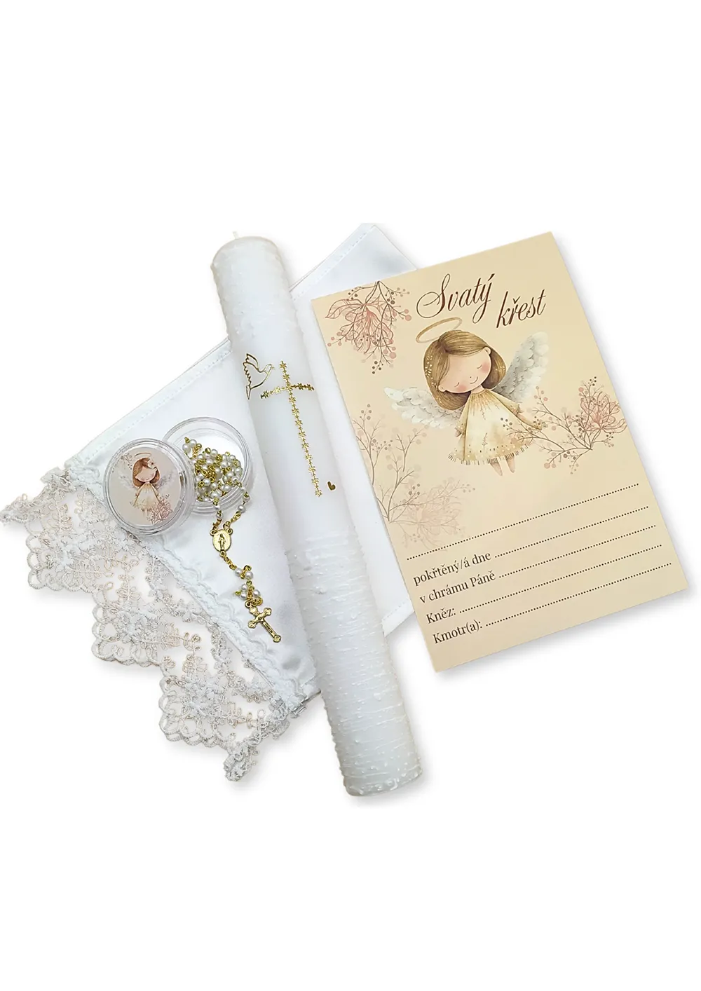 Křestní sada s pamětním listem - andílek béžový - 5 ks