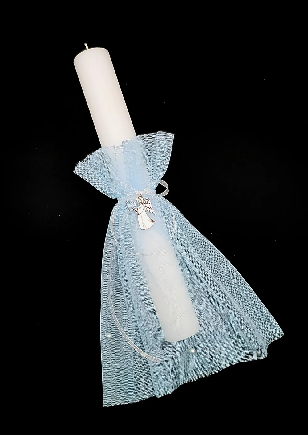 Křestní svíčka s šifonem a andílkem - modrá