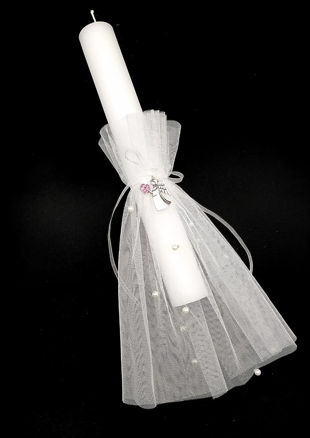 Křestní svíčka s šifonem a andílkem - růžovo-bílá