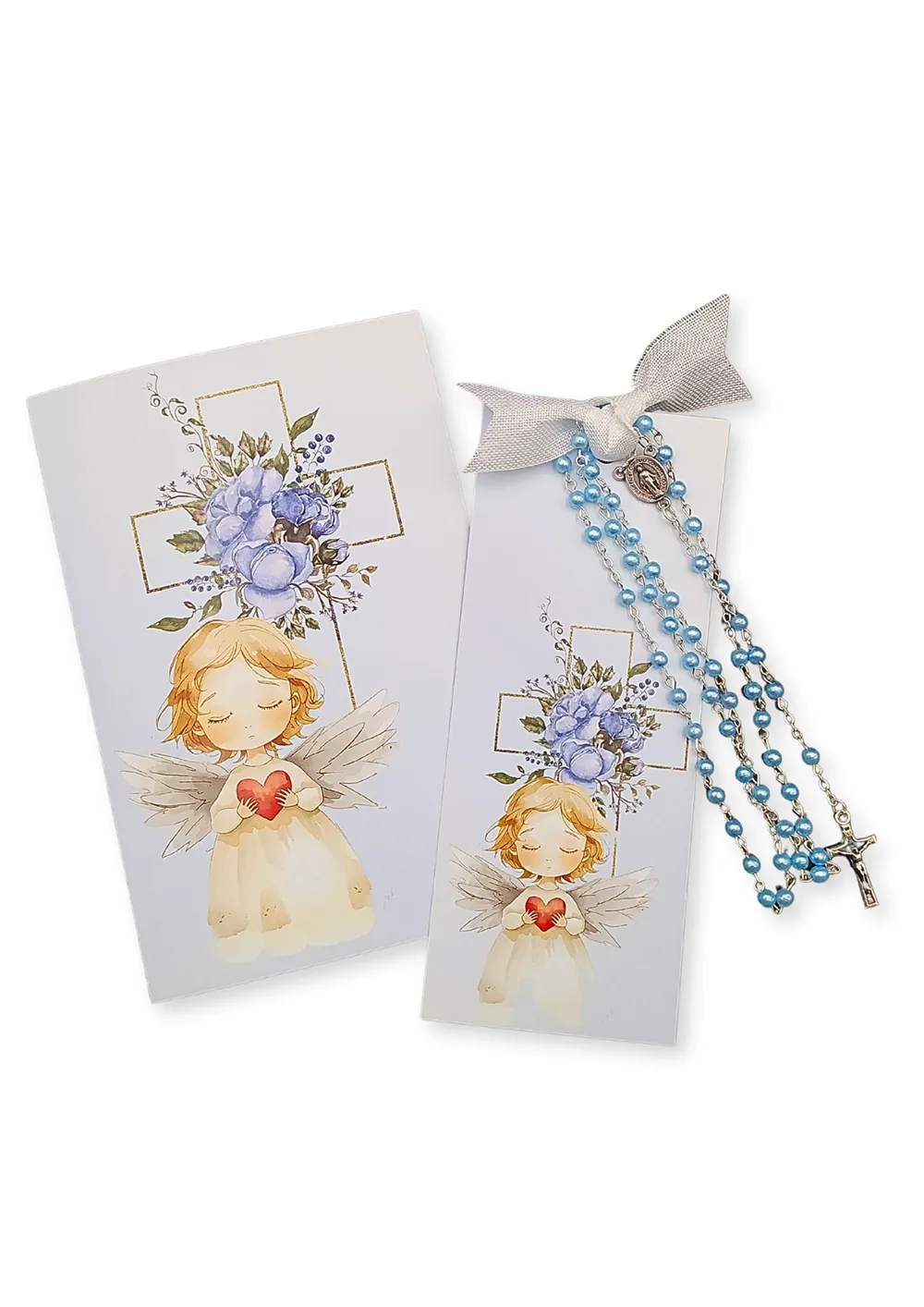 Blahopřání s andílkem a dětský růženec – modrý, autorský design