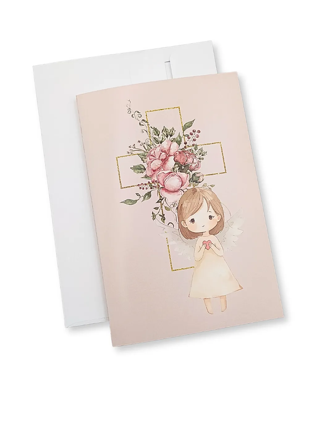 Blahopřání s andílkem a růžovými květy – autorský design