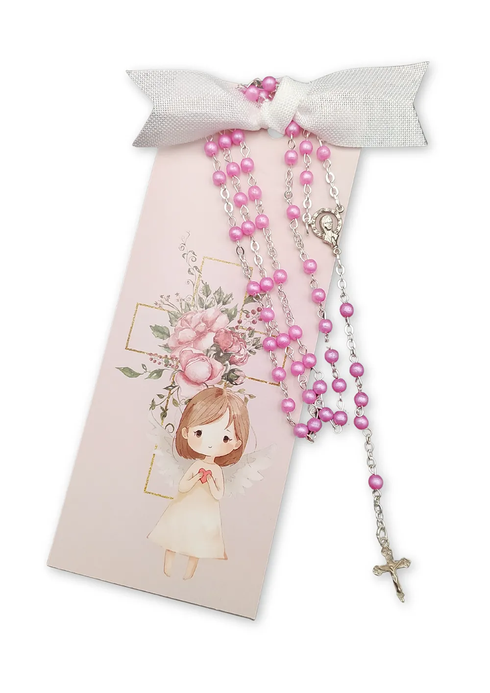 Dětský růženec na kartě s andílkem – růžový