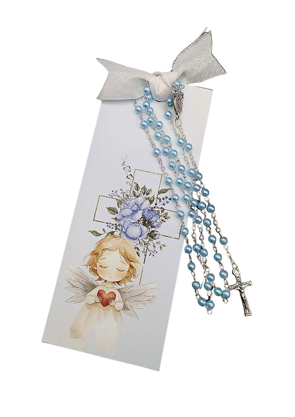 Dětský růženec na kartě s andílkem – modrý
