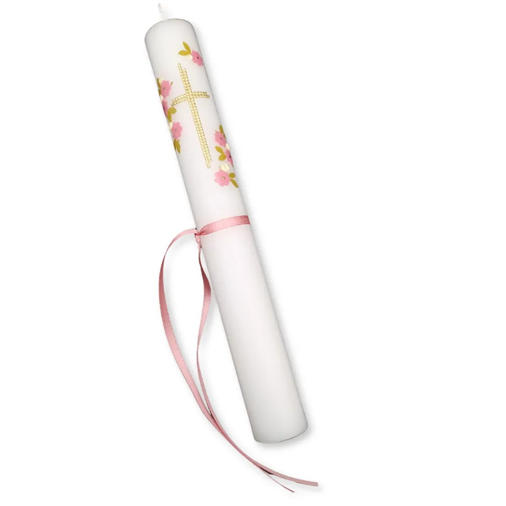 Křestní svíčka s růžovými kvítky a křížkem – ruční výroba