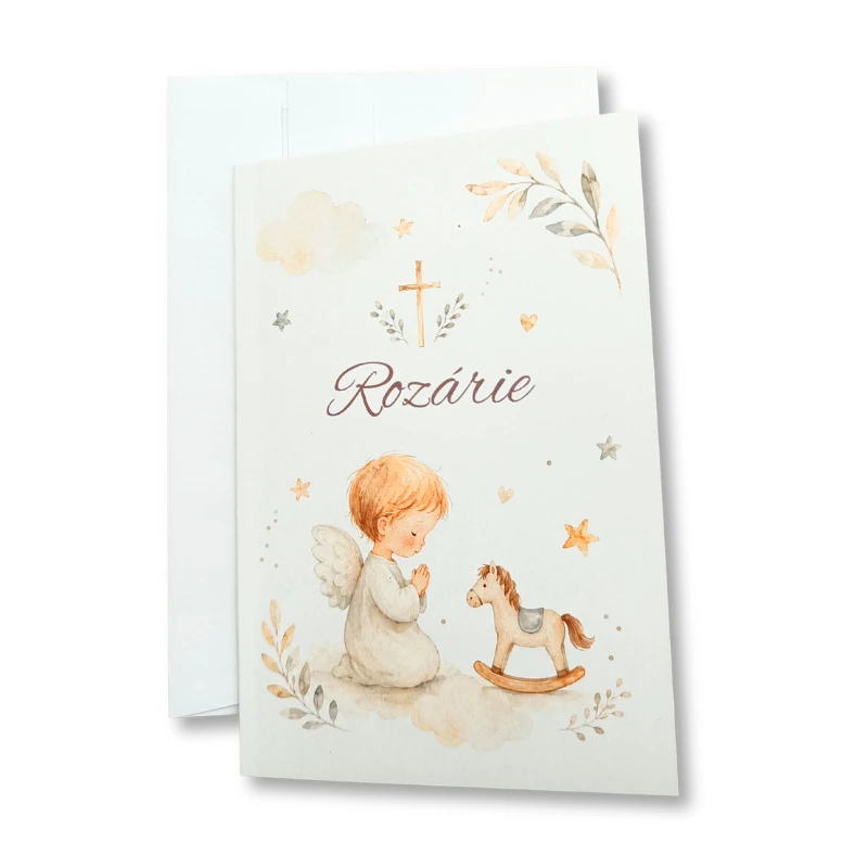 Blahopřání s andílkem SE JMÉNEM dítěte – personalizované (10 × 15 cm), béžové