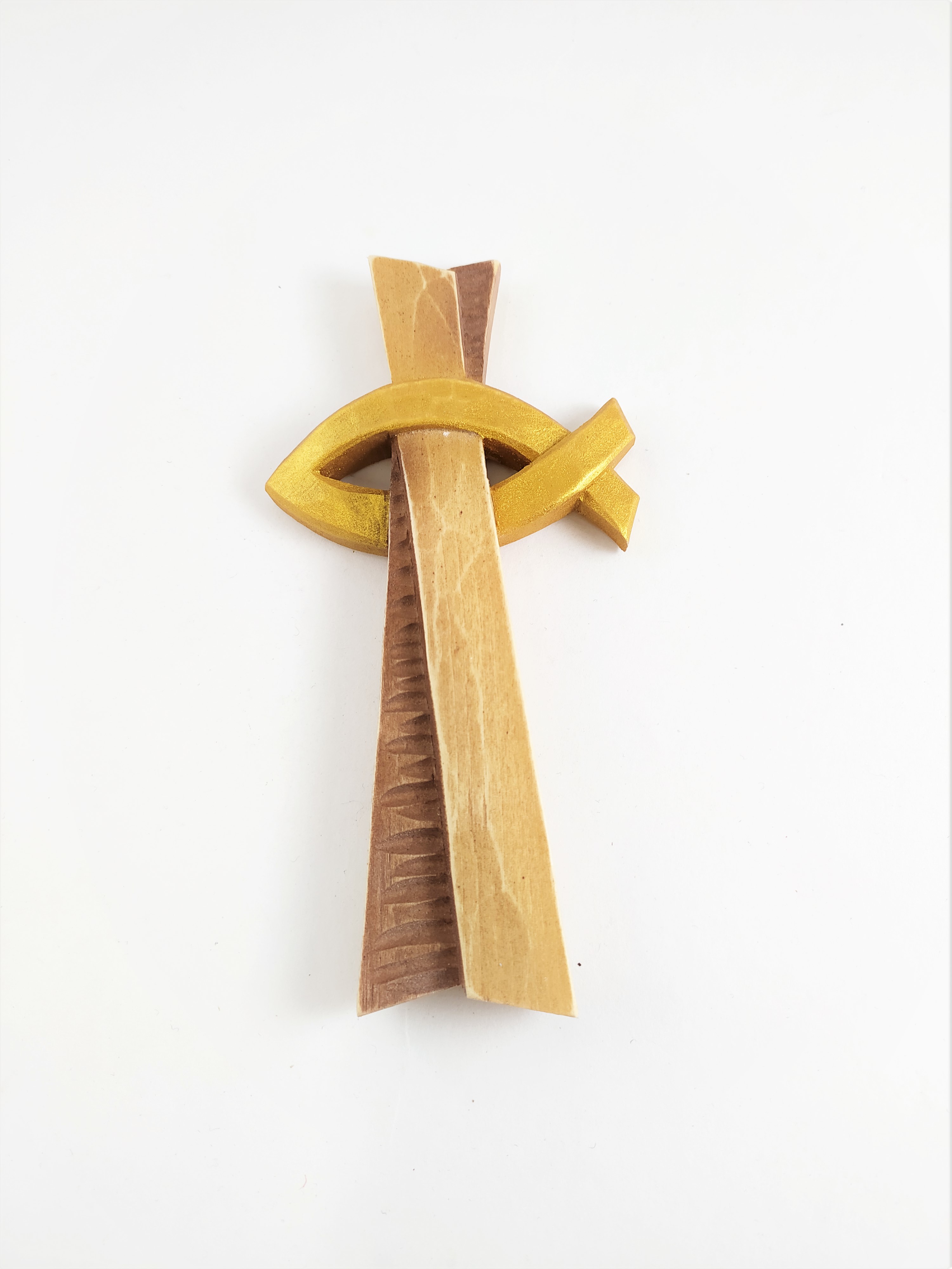 Dřevěný kříž se zlatou rybou - malý