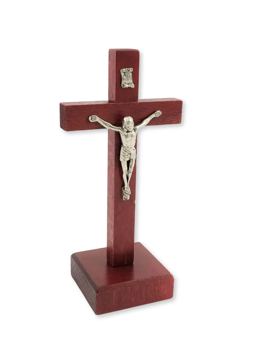 Dřevěný kříž mahagonový na postavení s Kristem stříbrný 15 x 7,5 cm