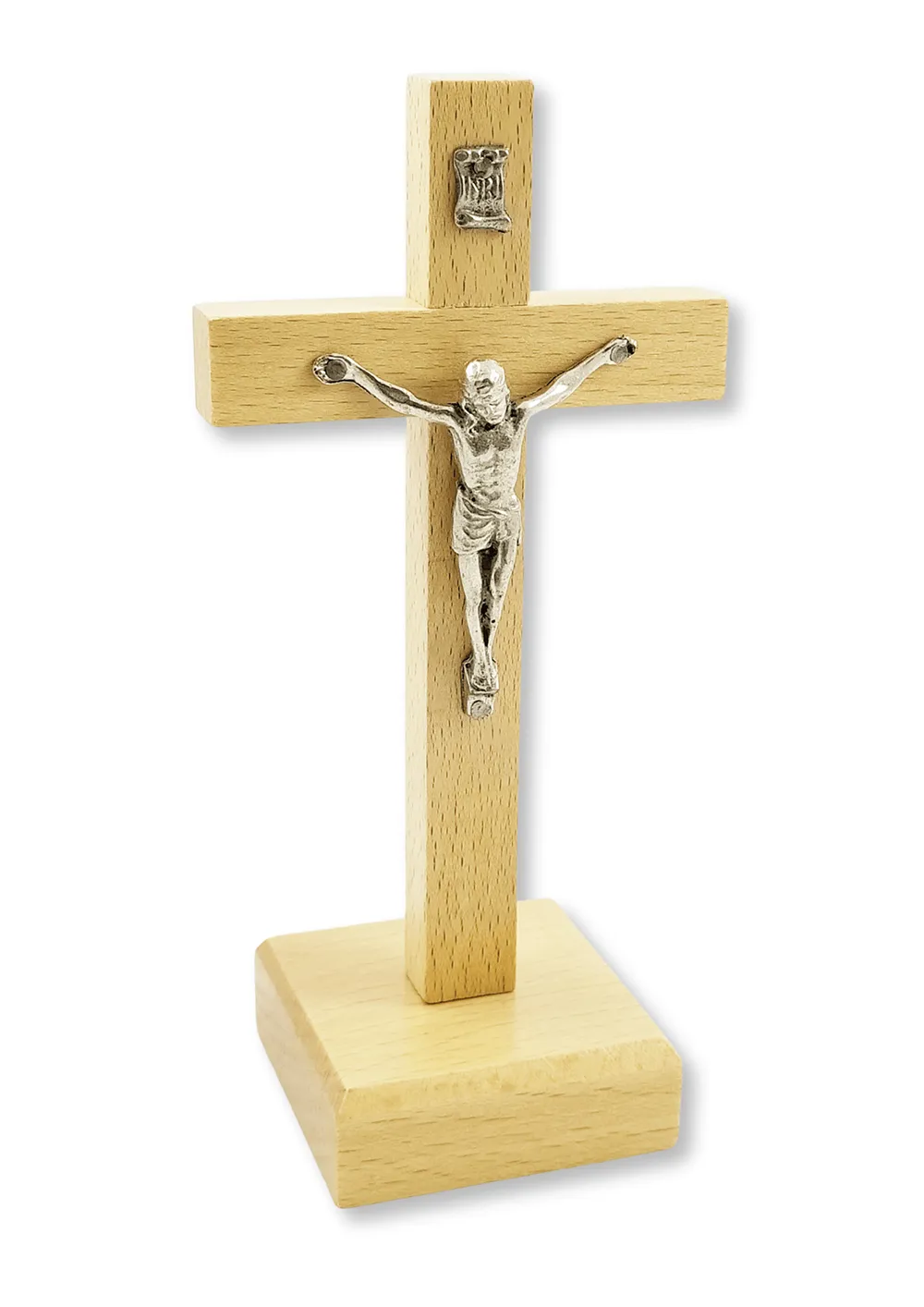 Dřevěný kříž světlý na postavení s Kristem stříbrný 15 x 7,5 cm