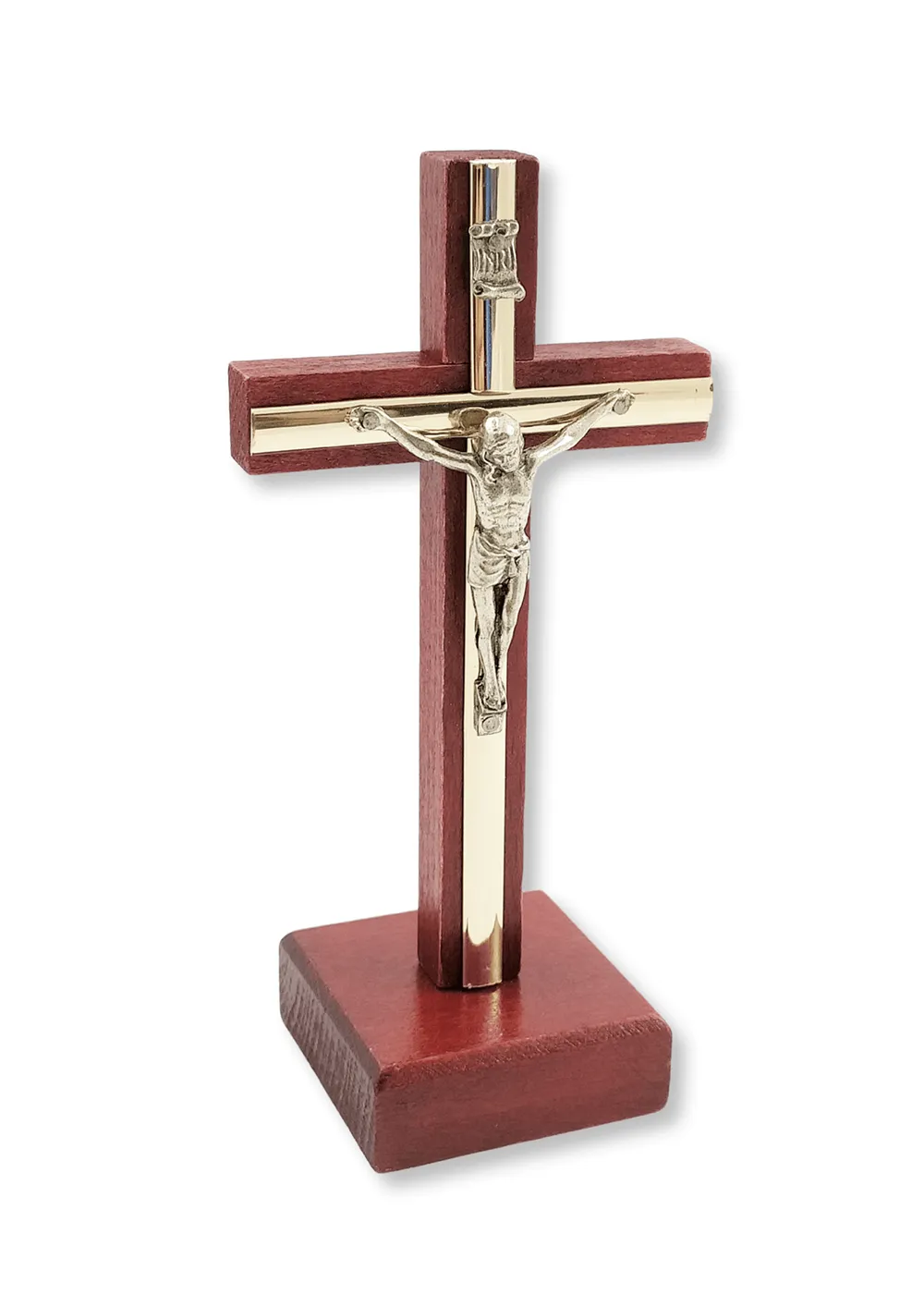 Dřevěný kříž mahagonový na postavení s Kristem a stříbrným "lemováním" 15x7,5cm