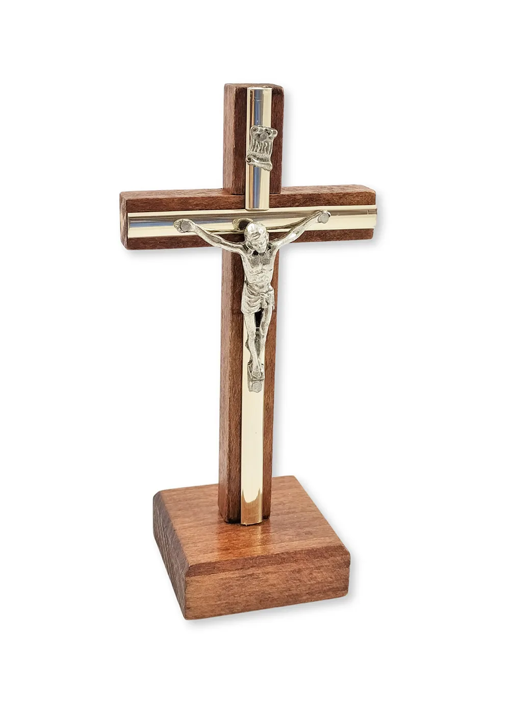 Dřevěný kříž hnědý na postavení s Kristem a stříbrným "lemováním" 15 x 7,5cm