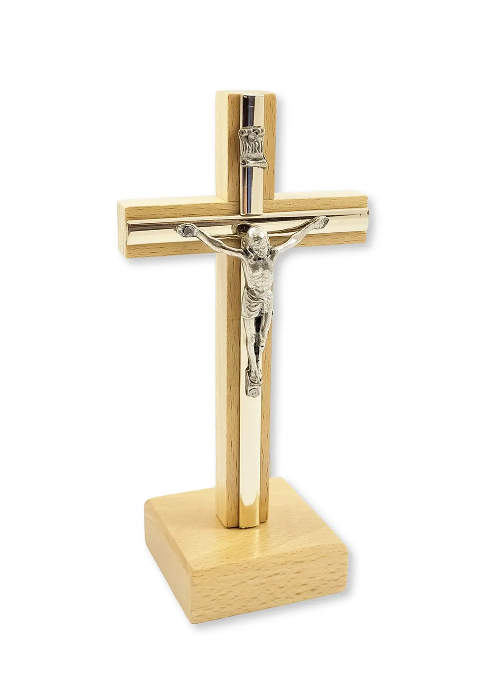 Dřevěný kříž hsvětlý na postavení s Kristem a stříbrným "lemováním" 15 x 7,5cm