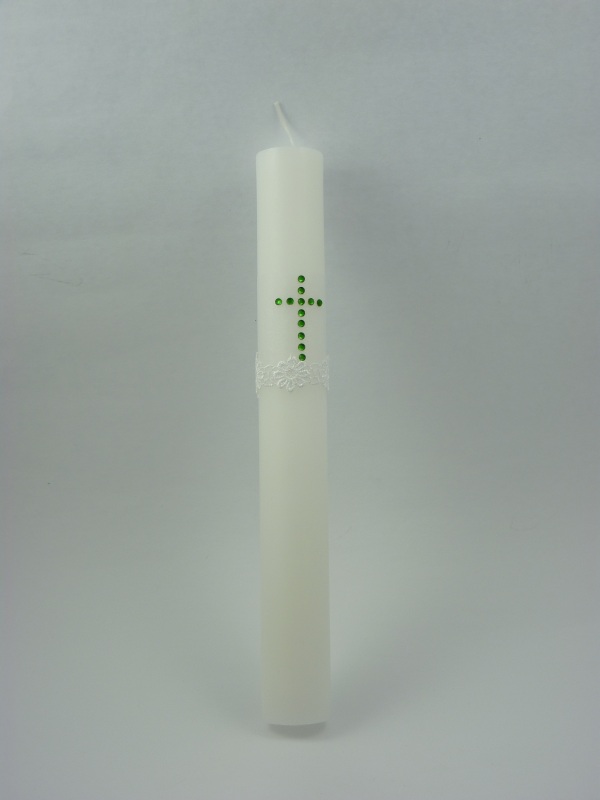 Křestní svíčka se zelinkavým křížkem z kamínků