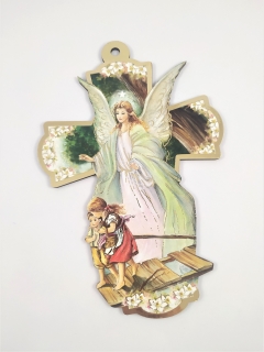 Dřevěný křížek velký 14,5 x 21 cm s andělem a dětmi zdobený zlatým dekorem