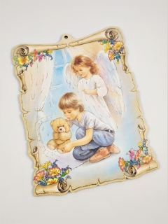 Obrázek na zeď velký - Anděl strážný a chlapec s medvídkem 17 x 22 cm