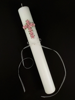 Křestní svíčka s šifónovou stuhou a růžovými růžičkami z ručního papíru