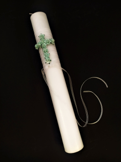 Křestní svíčka zelenomodré kytičky z ručního papíru