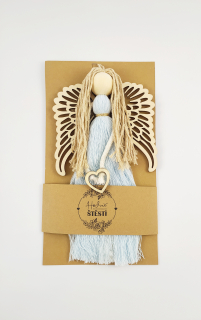 Macramé anděl strážný modrý se světlými vlasy 10 x 20 cm