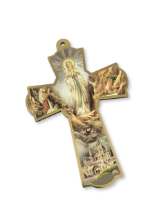 Dřevěný křížek 10,5 x 15 cm  - P. Maria Lurdská - zdobený zlatým dekorem