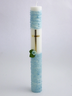 Křestní svíčka cákaná modrá se zlatým křížkem